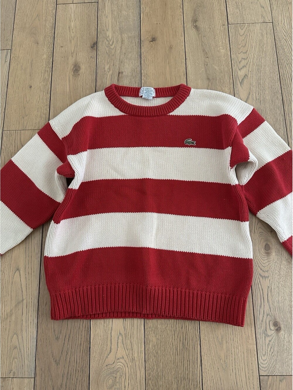 Chemise Lacoste Boy's Striped Sweater Size L 100% Cotton Red Beige Logo Detail